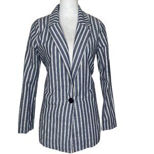 IVIVI Women's Linen Blend Blue Pinstriped Button Blazer Preppy Office Sz Small